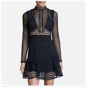 SELF PORTRAIT Hall Guipure Navy Lace Long Sleeve Short Dress Size US 0